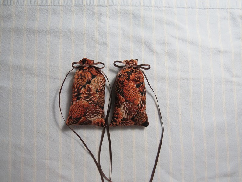 May include: Two small, fabric sachets with a brown pine cone pattern. Each sachet is tied with a brown ribbon and has a matching ribbon extending from the top. The background is a light blue and white striped fabric.