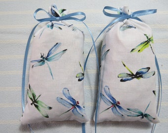 Dragonflies 5"X2" Sachet-'Misty Woods' Fragrance-Blue Dragonflies on White-Cotton Hand Blended Botanical Sachet-Cindy's Loft-121-22