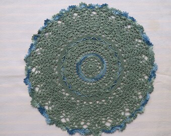 NEW-Green 11 inch Doily-Trish Kristoffersen Designed-Lizbeth Thread Hand Crocheted Variegated Cotton Pineapple-Cindy's Loft