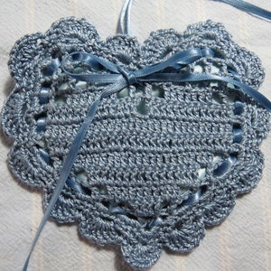 Light Antique Blue 4&quot;X4&quot; Heart Sachet-&#39;Country Charm&#39; Fragrance-HandCrocheted Botanical Sachet-Cotton and Satin-Cindy&#39;s Loft-932-12!