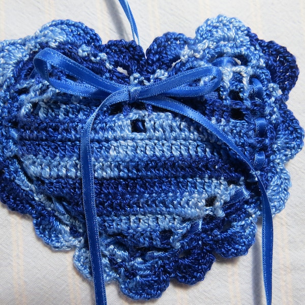 Shades of Blue 4"X4" Heart Sachet-'Vanilla Woods' Fragrance-Delft Blue-Hand Crocheted Sachet-Cotton and Satin-Cindy's Loft-121-11