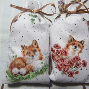Baby Foxes 5&quot;X2&quot; Sachets-&#39;Enchanted Woods&#39; Fragrance-Foxes and Flowers-Hand Blended Botanical-Cotton Fabric-420-6!