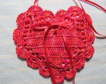 Corals and Reds 4"X4" Heart Sachet-'Autumn Magic' Fragrance-Hand Crocheted Sachet-Cotton and Satin Heart Sachet-Cindy's Loft-4200-18