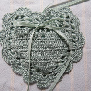 Light Green Gray 4&quot;X4&quot; Heart Sachet-&#39;Carnation&#39; Fragrance- HandCrocheted Sachet-Cotton and Satin-Cindy&#39;s Loft-927-6!