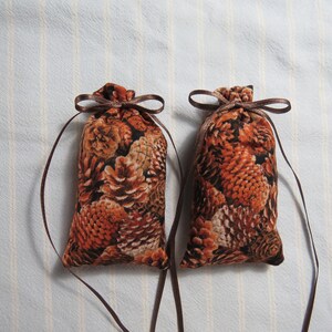 May include: Two small, rectangular fabric sachets with a brown pine cone pattern. Each sachet is tied with a brown ribbon bow at the top and has a long ribbon hanging down. The sachets are on a light blue and white striped background.
