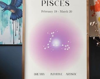 Pisces Zodiac Wall Art Printable | Minimal Pisces Constellation Art | February March Birthday Astrology Decor | Horoscope Print