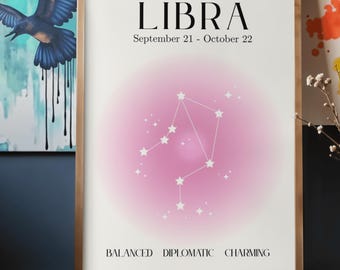 Libra Zodiac Wall Art Printable | Minimal Libra Constellation Art | September October Birthday Astrology Decor | Horoscope Print