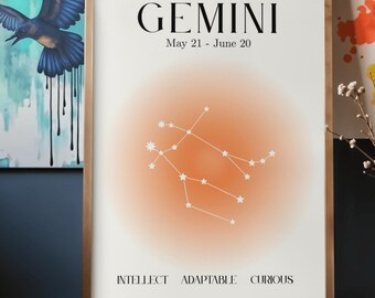 Gemini Zodiac Wall Art Printable | Minimal Gemini Constellation Art | May June Birthday Astrology Decor | Horoscope Print