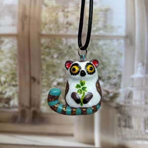 Hand painted Lemur Pendant – Whimsical Animal Necklace, Polymer Clay Jewelry, Lucky Charm Gift