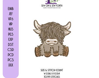 May include: An embroidered design of a Highland cow in shades of brown and tan. The image includes the text "SEW ON & SEW FORTH" and the dimensions of the design, which are 2.86 inches wide and 2.84 inches high.