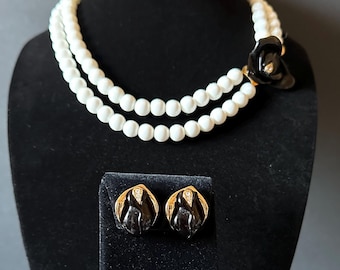 Kenneth Jay Lane KJL per Avon Collana e orecchini Midnight anni '80 - Bianco e nero firmati
