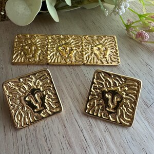 Vintage Anne Klein Classic Glossy Gold-tone Lion Logo Brooch Pin and Post Back Earrings
