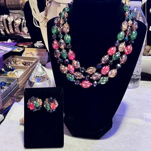 Vintage Hong Kong Multi Color and Strand Statement Necklace and Clip Earrings