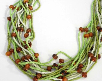 Amber, Copper & Green Seed Bead Multi Strand Necklace