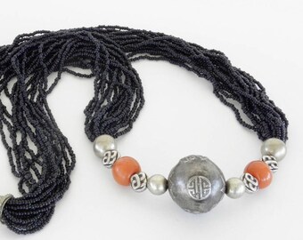 Black Seed Bead Necklace: Silver Dragon Accent, Eastern Style