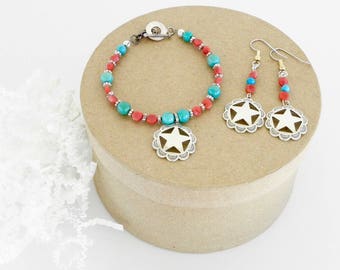 Turquoise and Coral Beaded Bracelet with Matching Earrings, Sterling, Lone Star, Handmade, Cowboy