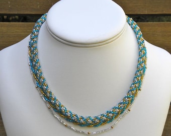 Beaded Necklace: Clear, Gold, and Sea Blue Seed Beads (18.5 inch)