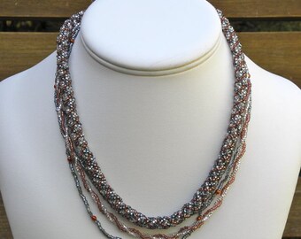 Beaded Necklace: Gray, Copper, and Clear Seed Beads, 18.5" Princess Length