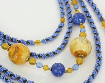 Blue & Yellow Beaded Swag Necklace with Scrimshaw Bone Beads, 33”