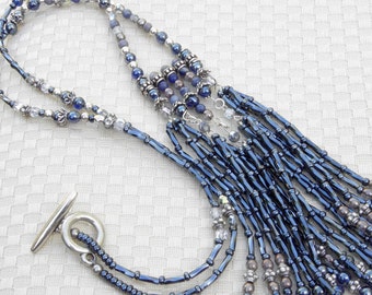 Hand-Beaded Sodalite Tassel Necklace: Edwardian Style Sterling Silver