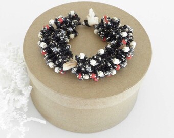 Beaded Bird's Nest Bracelet: Black, Gray, Crystal Seed Beads