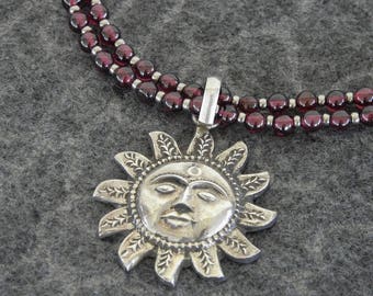 Garnet Birthstone Necklace: Sterling Silver Sun Pendant, Handmade