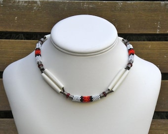 Tribal Necklace: White Bone Hairpipe Beads, Intricate Beadwork