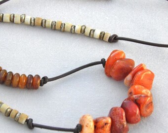 Fire Agate Necklace Bracelet Set: Horn & Heishi Beads, Leather Cord