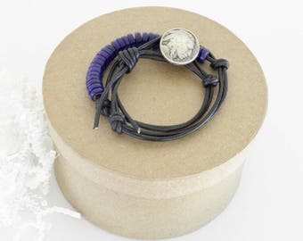 Black Leather Wrap Bracelet: African Trade Beads, Indian Head Nickel