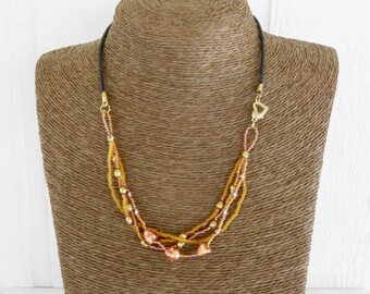Gold Beaded Heart Necklace: Rose & Cranberry Seed Beads, Lampwork Hearts