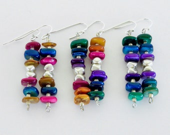 Mother of Pearl Earrings, Colorful Beaded Earrings, Dangle Earrings, Colorful Accessory, Gifts for Friends, SeedlingDesigns, Free Shipping