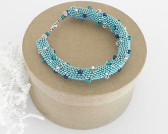Blue Seed Bead Bracelet, Tubular Peyote Stitch, 8.5 inch