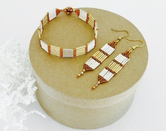 Handmade Bronze Beaded Jewelry Set: Silver Gold Earrings and Bracelet