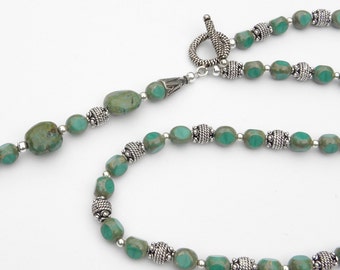 Green Cut Glass Necklace and Earring Set: Sterling Silver Beads