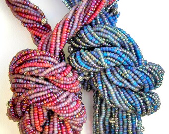 Blue/Maroon Beaded Rope Necklace: Sterling Silver Seed Beads, Handmade