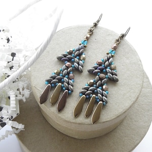 Geometric Beadwork Earrings: Brown Seed Beads, Grecian Style