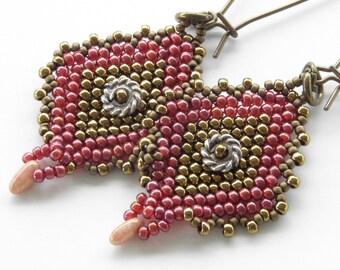 Beadwoven Dangle Earrings: Pink Diamond Beadwork Jewelry