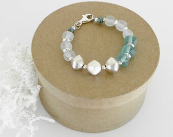 A Teal and Blue Beaded Bracelet by SeedlingDesigns, Sterling Silver, Recycled Glass, Handmade, Organic