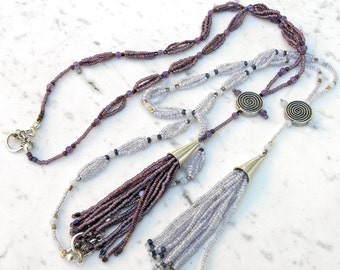 Blue or Purple Beaded Necklace, Seed Beads, Sterling, Glass Beads, Gemstones, Handmade, Contemporary, Tribal