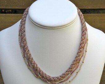 Amethyst Beaded Necklace: Copper Crystal Seed Beads, 18.75”