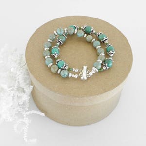 Turquoise and Sterling Beaded Bracelet, Green, Double-Strand, Handmade, Contemporary, Birthstone Jewelry