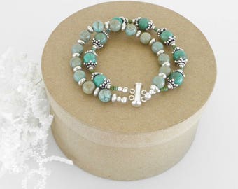 Turquoise and Sterling Beaded Bracelet, Green, Double-Strand, Handmade, Contemporary, Birthstone Jewelry
