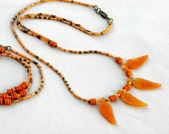 Carnelian Leaf Necklace Bracelet Set: Salmon Shell Heishi, Seed Beads