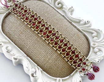 Vintage-Style Beaded Lace Cuff: Gold, Red & Black Seed Bead Bracelet