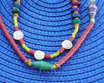 Ethnic Beaded Necklace: Glass Seed Beads, Turquoise, Mother of Pearl
