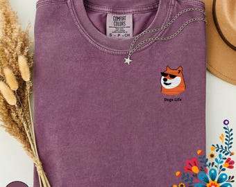 Personalized Doge Life Embroidered Shirt, Comfort Colors Shiba Inu Tee, Cute Meme T-Shirt for Men Women, Dog Lover Gift Idea, Retro Custom T