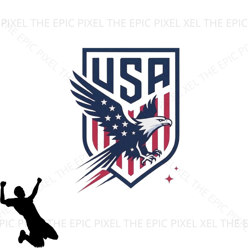 May include: A navy blue and red USA soccer crest featuring a bald eagle with outstretched wings, stars, and stripes. The word "USA" is displayed above the eagle. A silhouette of a person celebrating is in the lower left corner.