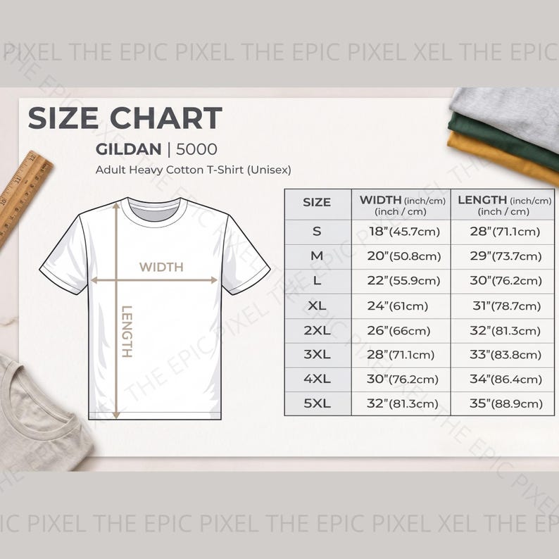 May include: A size chart for Gildan 5000 unisex adult heavy cotton t-shirts. The chart shows measurements for width and length in inches and centimeters. Sizes range from S to 5XL, with widths from 18" (45.7cm) to 32" (81.3cm).