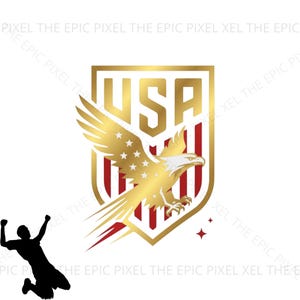 May include: Gold and red USA emblem featuring a golden eagle with outstretched wings, stars, and stripes. The emblem is set against a white background. A silhouette of a person celebrating is in the lower left corner.