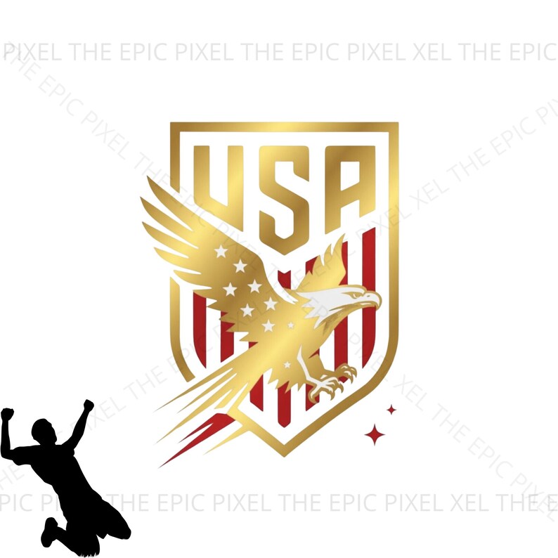 May include: Gold and red USA emblem featuring a golden eagle with outstretched wings, stars, and stripes. The emblem is set against a white background. A silhouette of a person celebrating is in the lower left corner.